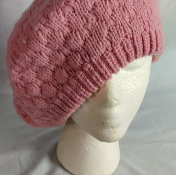 Vtg Knitted Beanie Beret By Hansen Made In USA Pink Open Knit 1980/90s - Picture 2 of 13